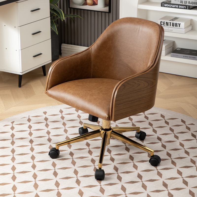 Chaise de bureau rembourrée en cuir véritable, Cognac