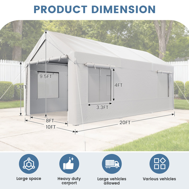 10 X 20Ft Heavy Duty Carport, Portable Garage With Sidewalls, All Weather For Car, Storage & Tool Room, White, White