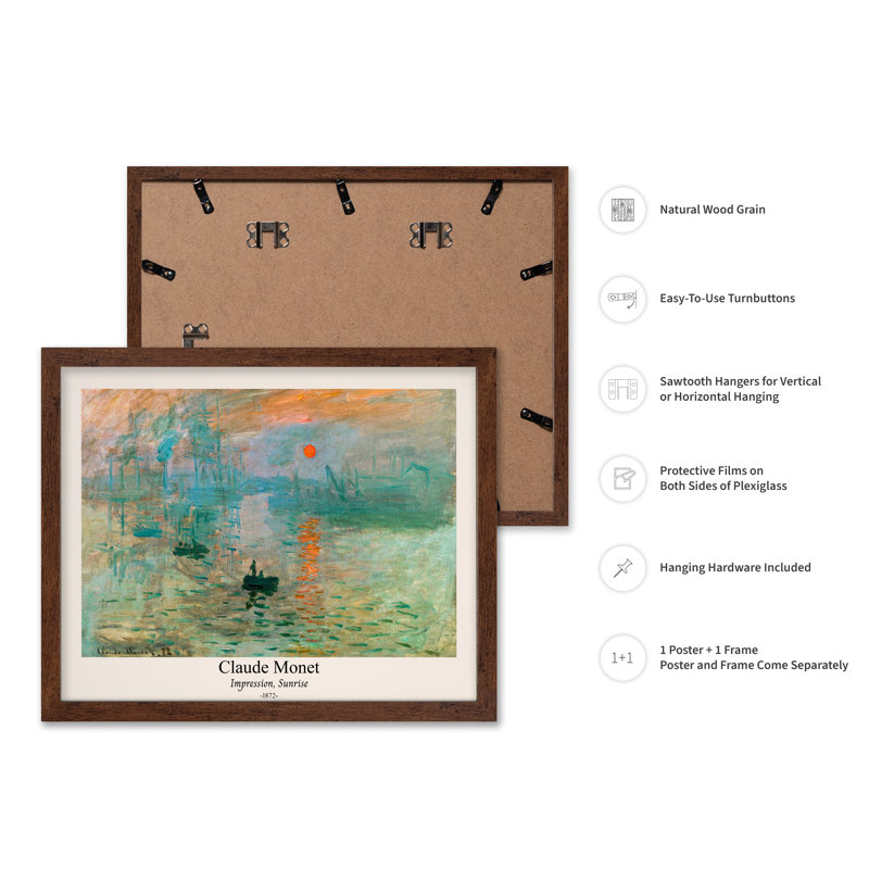 Claude Monet - Impression Sunrise No1, Poster, 16"H x 20"W, Brown Framed