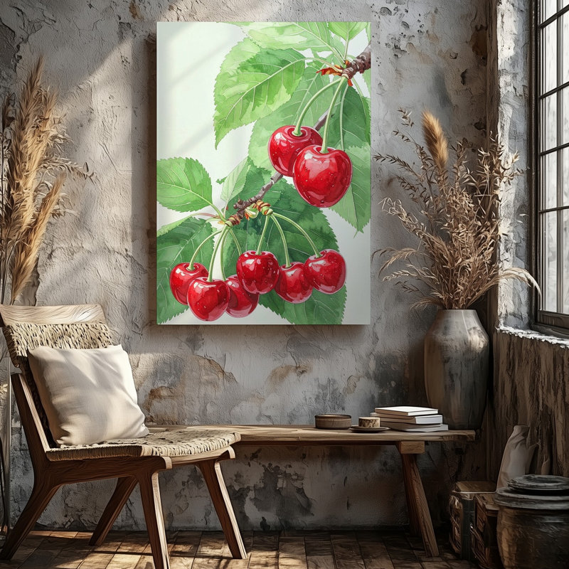 Art mural sur toile, cerisier botanique sur toile, fruits rouges, aquarelle, prêt à accrocher, galerie, décoration intérieure, conception moderne, qualité supérieure