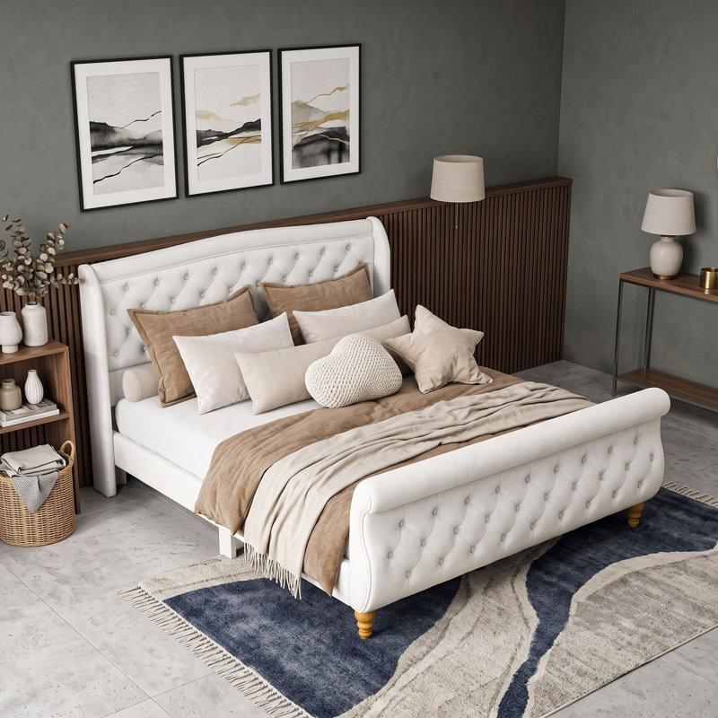 Upholstered Bed, Grand lit, Beige