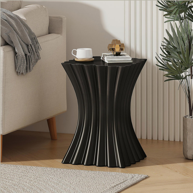 Outdoor Side Table, Wave Design End Table, Decorative Accent Table, Lightweight Concrete Patio Garden Stool Table for Patio Balcony Beach Pool Side, Black