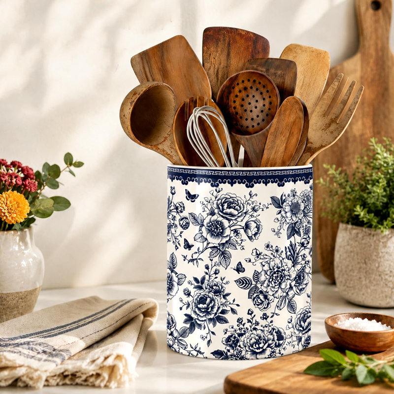 Porte-ustensiles floral pour cuisine, porte-ustensiles d'été en céramique