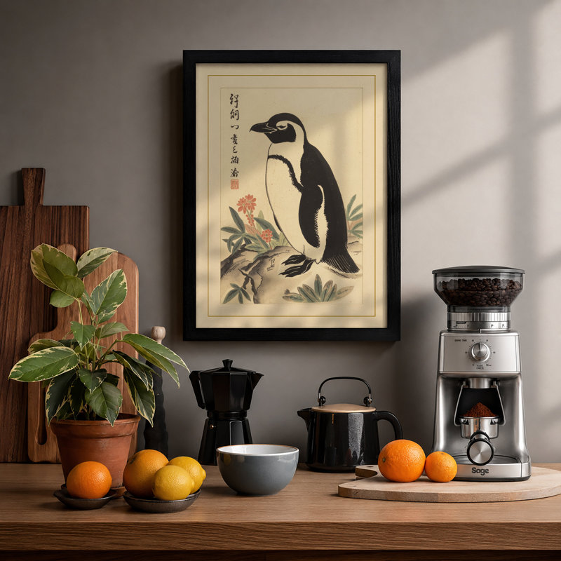 Penguin with Blossoms Japandi - Framed Print, A2 - 59.4 x 42.0 cm, Black