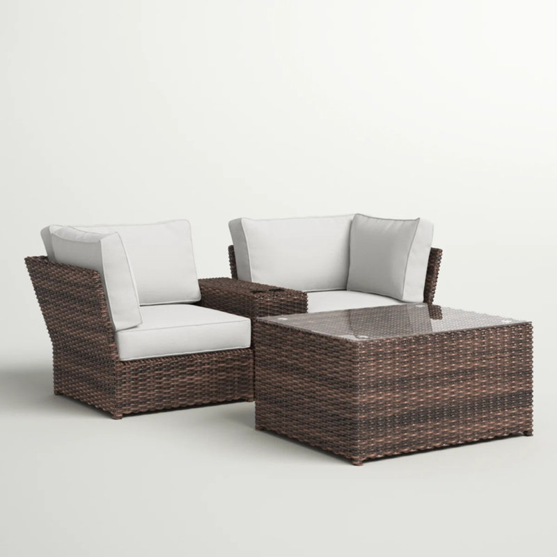 Ensemble de conversation modulaire en osier avec coussins entièrement assemblé pour 2 personnes, Beige, Espresso
