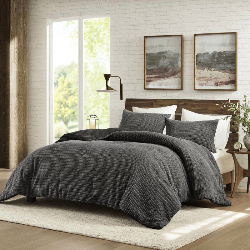 Couette gaufrée lavée pour lit double/queen - 3 pièces, texture spéciale, côtés 100 % coton, style vintage, tissu et garnissage adaptés à toutes les saisons, entretien facile et sécuritaire, couleur anthracite, 3 pièces, tissage différent, couverture surdimensionnée.