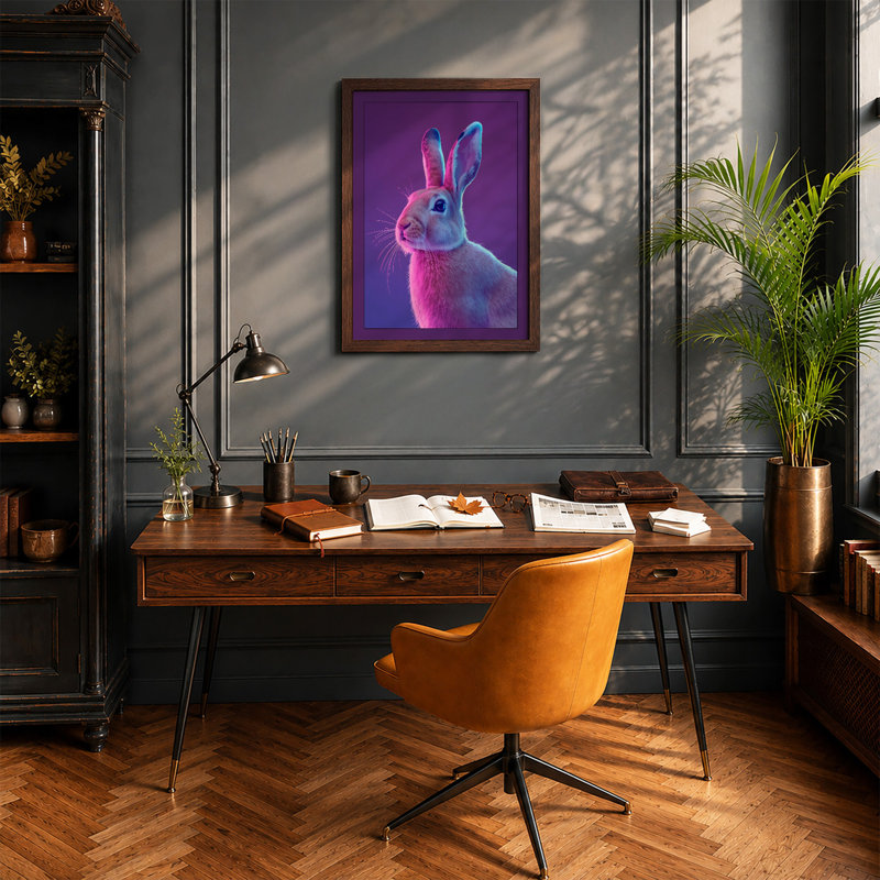 Neon Rabbit Modern - Framed Print, A2 - 59.4 x 42.0 cm, Walnut