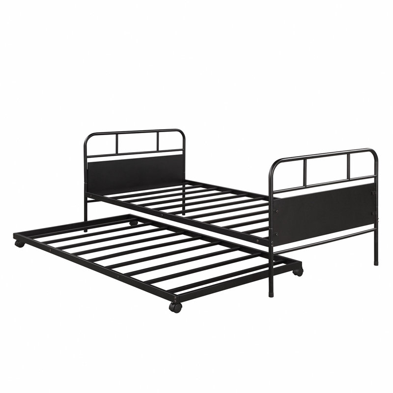 Metal Daybed Platform Bed Frame With Trundle Built-In Casters, Twin Size
