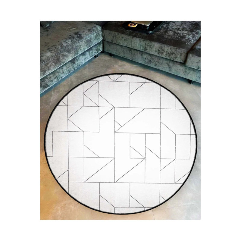 White Black Line Shape Detailed Woven Base Modern Decorative Carpet, Round 3'4"