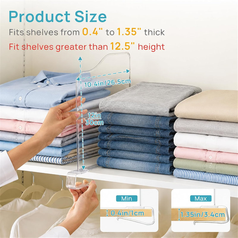 Séparateurs d'étagère extra hauts de 30,5 cm x 29,7 cm de profondeur, paquet de 12, pour une organisation optimale du placard, maximisent l'espace vertical, faciles à installer, compatibles avec les étagères d'une épaisseur de 1 à 3,4 cm.