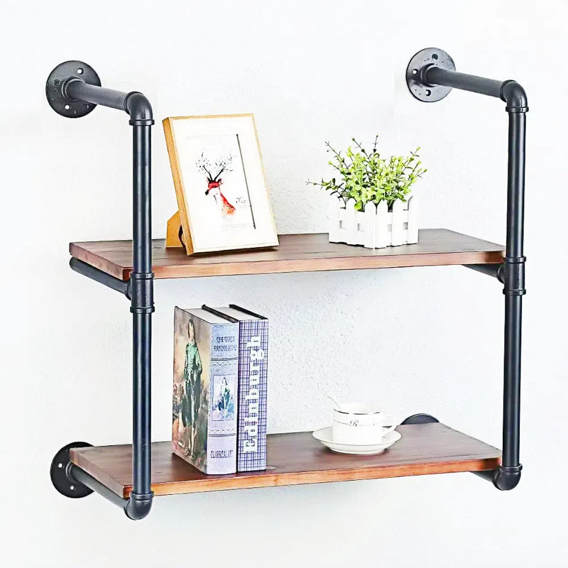 Industrial Pipe Shelving 24In Floating Bookshelf,Wall Mounted Shelves Rustic Floating Shelves, Wall Storage Book Shelves For Living Room, Bedroom, Kitchen (Brown, 2 Tier)