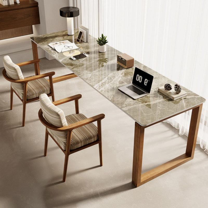 Bureau brun en pierre frittée rectangulaire et bois massif, H 29,53 po x l 86,61 po x P 23,62 po