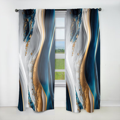 Abstract Geode Waves Blue II - Modern Room Darkening Abstract Curtain - 1 Panel