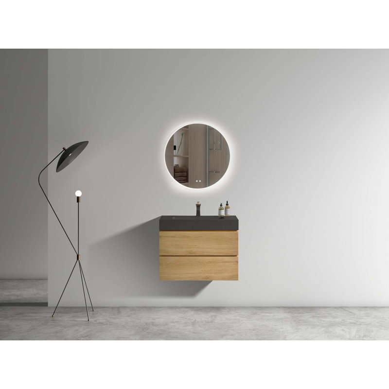Grand meuble-lavabo mural moderne avec lavabo une pièce sans drain ni robinet, Noir, Brun