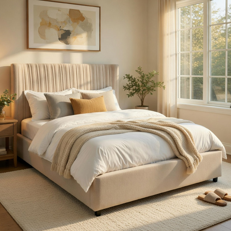 Lit plateforme Seh Queen Size, revêtement en lin beige moelleux, profil bas
