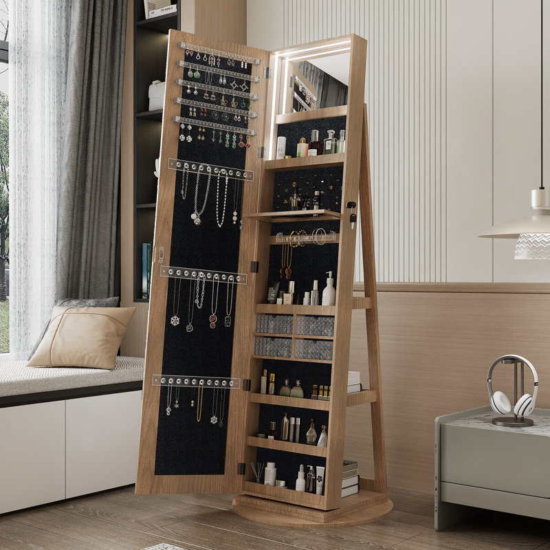 360°Swivel Jewelry Lockable Cabinet With Full Length Mirror, Walnut