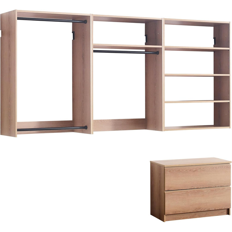  31.5 to 94.5in W Oak Modular Wall Mount Closet with Double Rods and 5 Shelves, Oak Wood