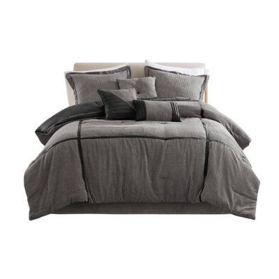 Luxurious 7-piece Micro Corduroy Bedding Set, Grey Cal King With Modern Lodge Style