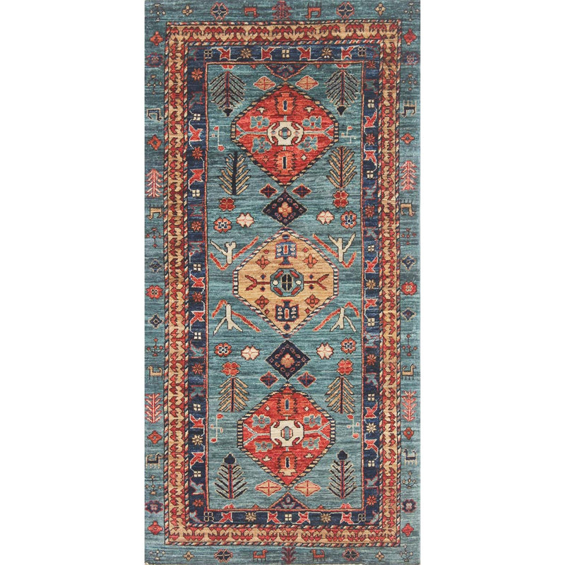Tapis unique vert / rouge / bleu marine noué à la main de haute qualité