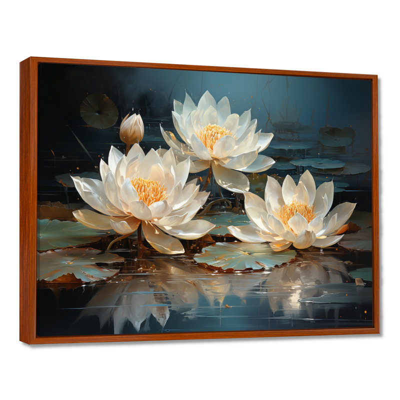 Fleurs de lotus baignées au clair de lune - Art sur toile de lotus, H 12 po x l 20 po x P 1 po, Cadre flottant brun