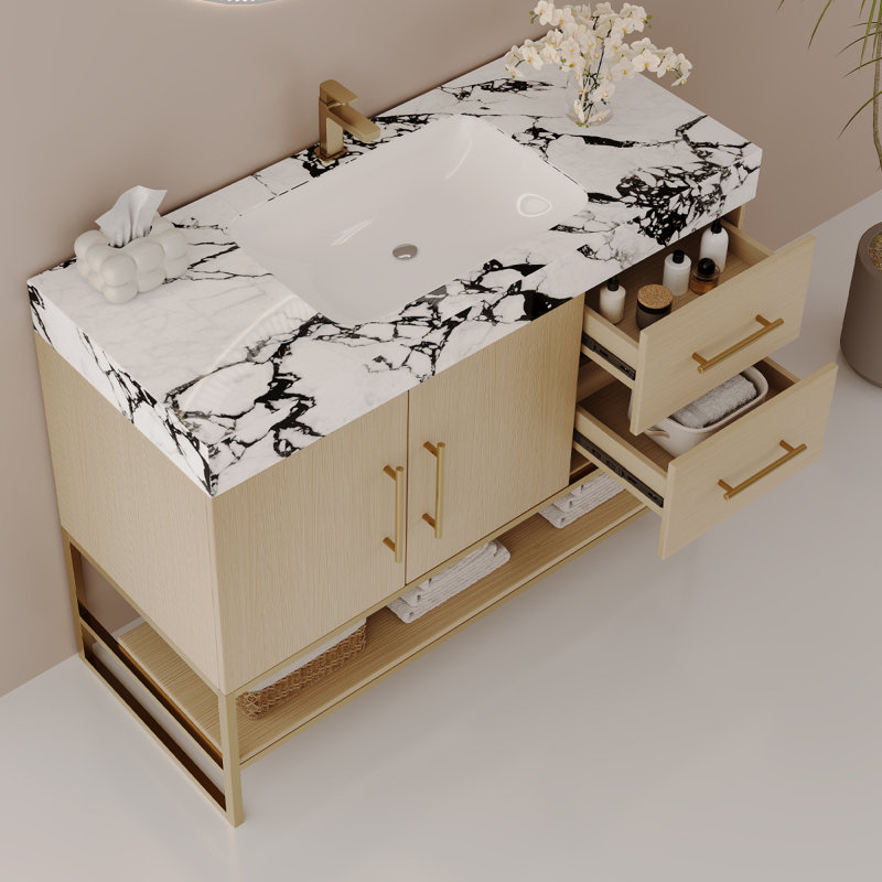 36" Modern Free-Standing Bathroom Vanity with Seamless Ceramic Sink & Sintered Stone Top, Natural