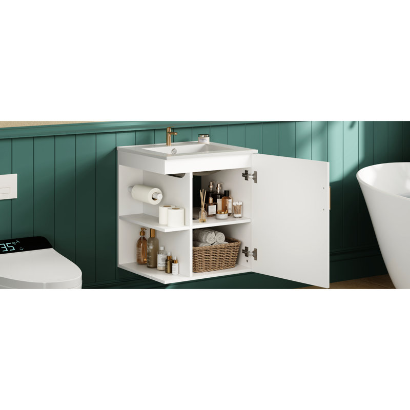 Armoire de salle de bain murale 20 po, meuble-lavabo moderne blanc, lavabo, tablette latérale ouverte, porte-papier hygiénique, solution pour économiser de l'espace 30, rangement spacieux rectangulaire en céramique, conception flottante, fermé