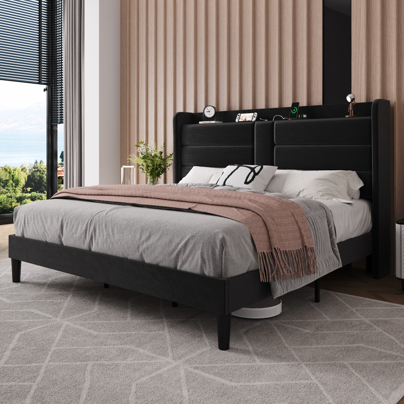 Velvet Upholstered Wingback Storage Bed With Built-In Type-C & AC Charging Station, Black, Queen