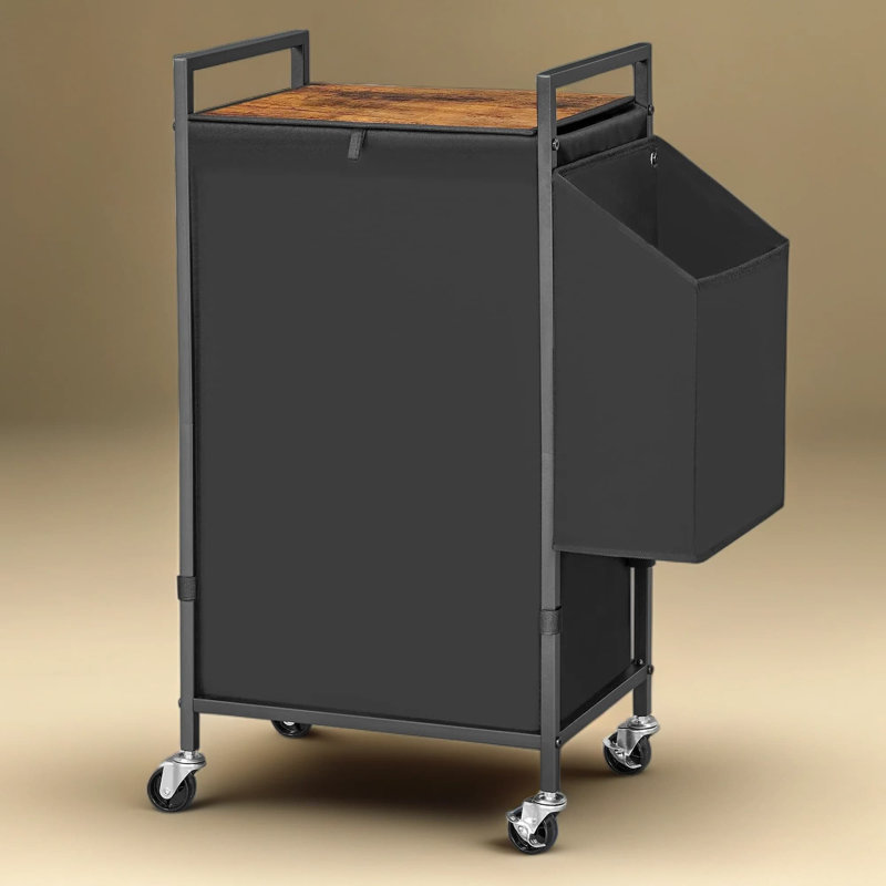 Large Rolling Laundry Hamper With Removable Liner, Rustic Brown Lid And Wheels - Freestanding Dirty Clothes Basket With Side Pocket And Metal Frame For Home Organization