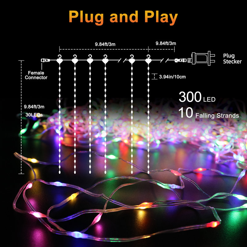 Warm White+ RGB Multi-Color Curtain String Lights with Remote Control, 300 LED, 10ft x 10ft