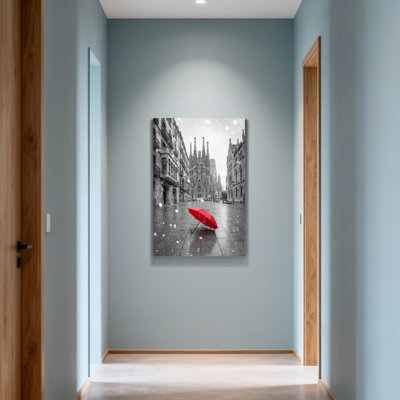 Scenic & Cityscapes Red Umbrella In Snowy Cityscape With Cathedral