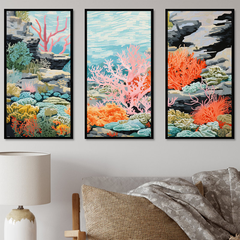 Corail et anémone «IV» - Ensemble de corail sous l'eau, Cadre flottant noir, H 32 po x l 48 po x P 1 po