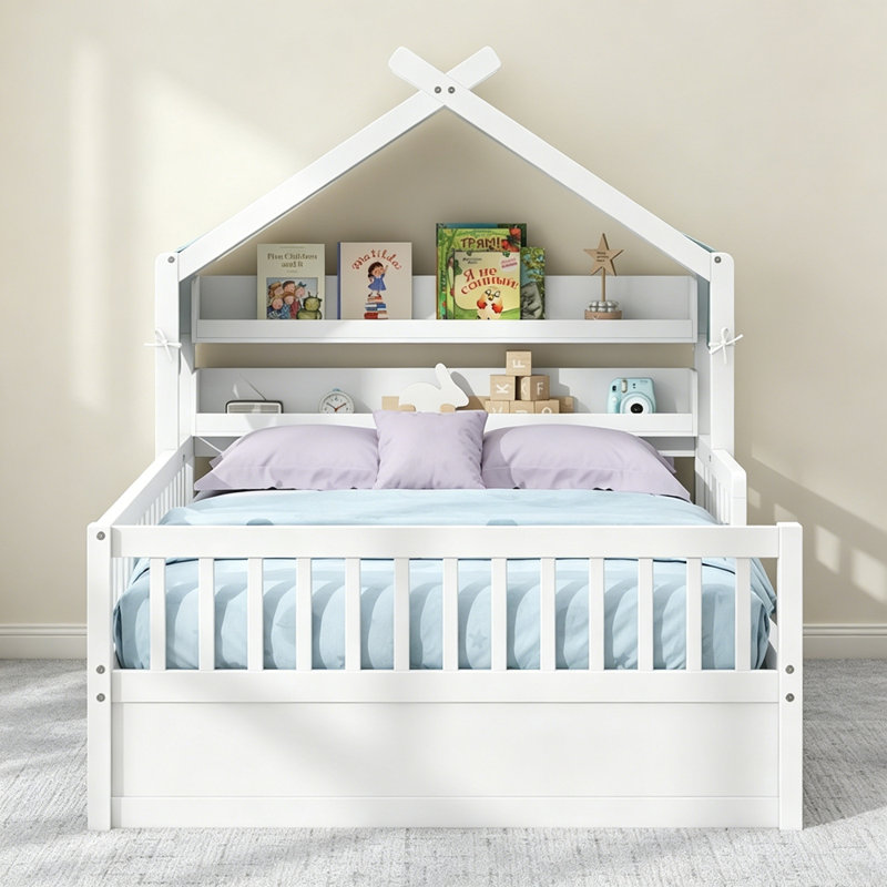 Lit en bois avec tablette de tête de lit, Lit simple, Blanc