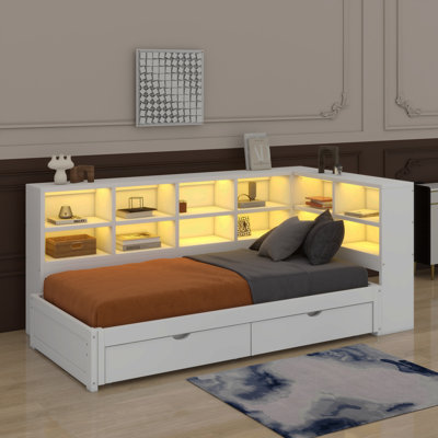 Lit de jour en bois avec 12 armoires de rangement, 2 tiroirs, lumières DEL, station de charge avec ports USB et Type-C