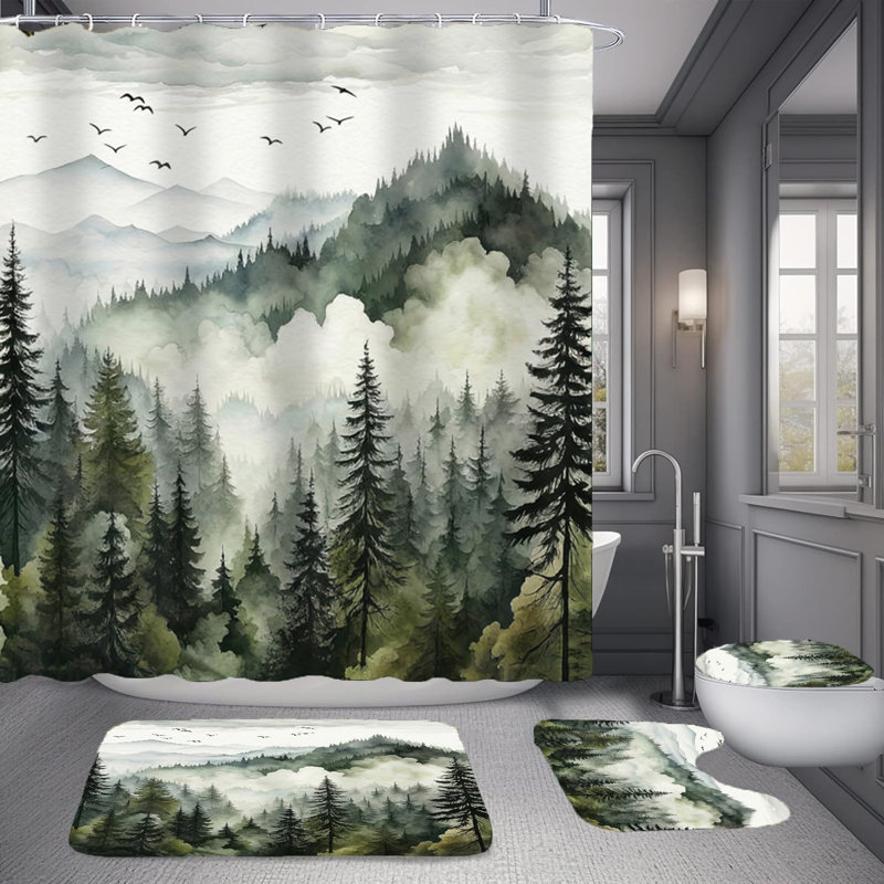 Ensemble de rideau de douche 4 pièces Green Misty Forest