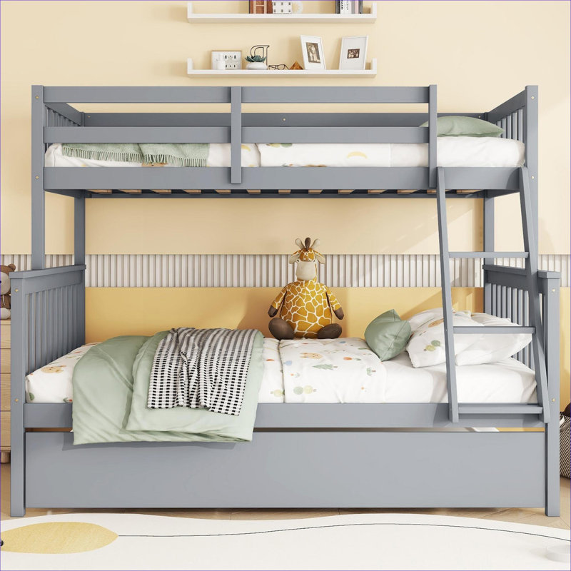 Lit superposé détachable minimaliste pour chambre à coucher avec lit gigogne double en bois d'hévéa gris classique