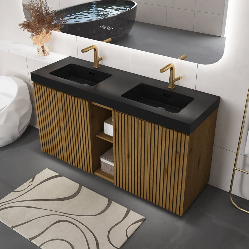 Modern 60 Inch Knotty Oak Bathroom Vanity With One-Piece Black Quartz Double Sink Basin, Large Storage Freestanding Bathroom Vanity