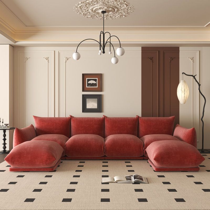 Canapé modulaire rembourré en tissu et chenille 4 places Minarik, Chenille rouge