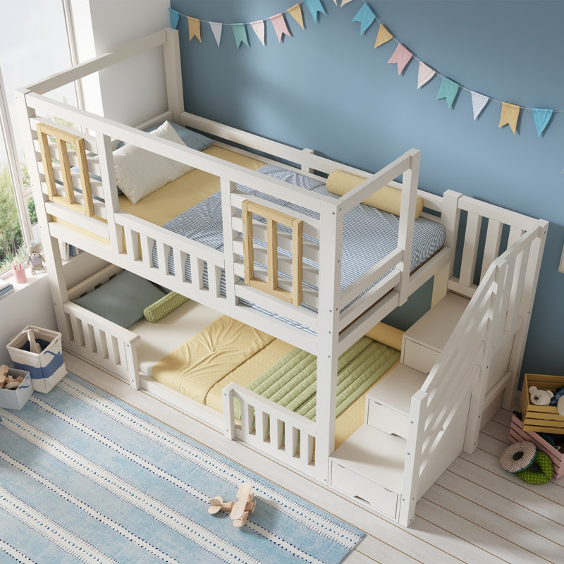 Wooden Cabin Bunk Bed With Staircase Storage, Twin Sleeper (90+90)X190 Cm, Solid Wood, White