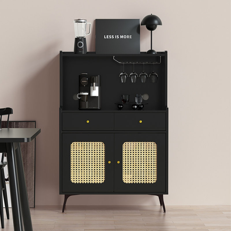 Buffet en bois manufacturé noir + rotin, H 47,24 po x l 29,53 po x P 15,75 po, Noir/naturel