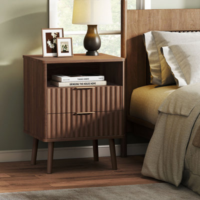 Fluted Nightstand, 18" Modern Side Table, 2 Drawers End Table with Storage, Bedside Table for Bedroom, Living Room, Curved Profile Design