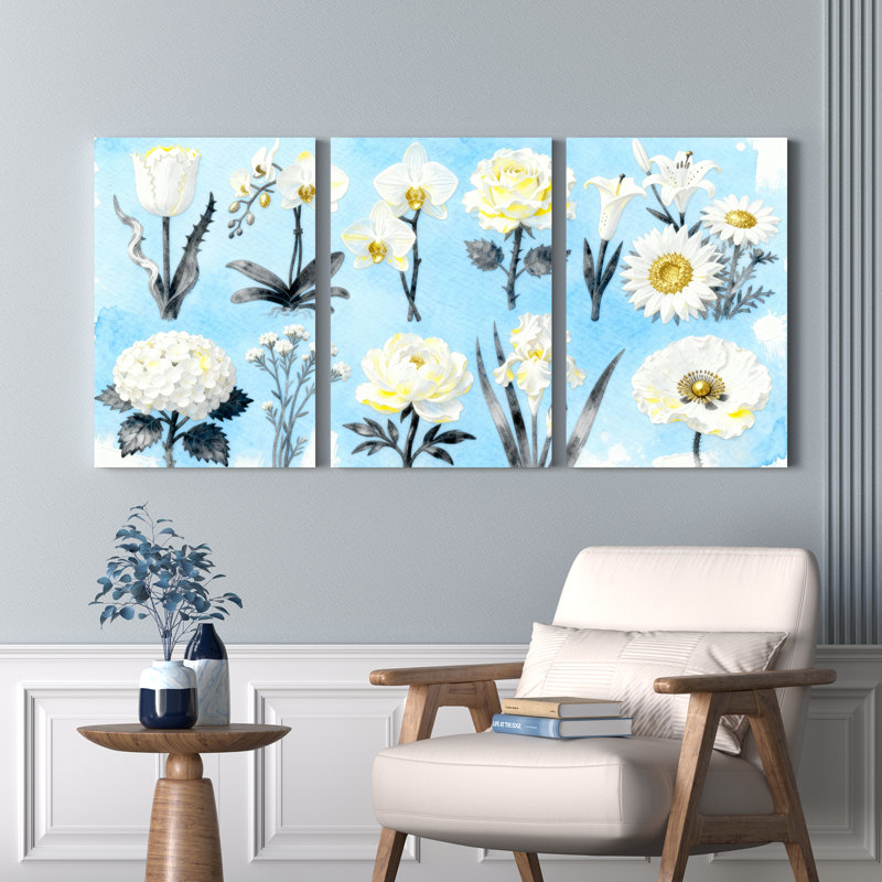 Aquarelle sur toile blanche blanche, ensemble de 3 reproductions botaniques, H 30 po x l 60 po
