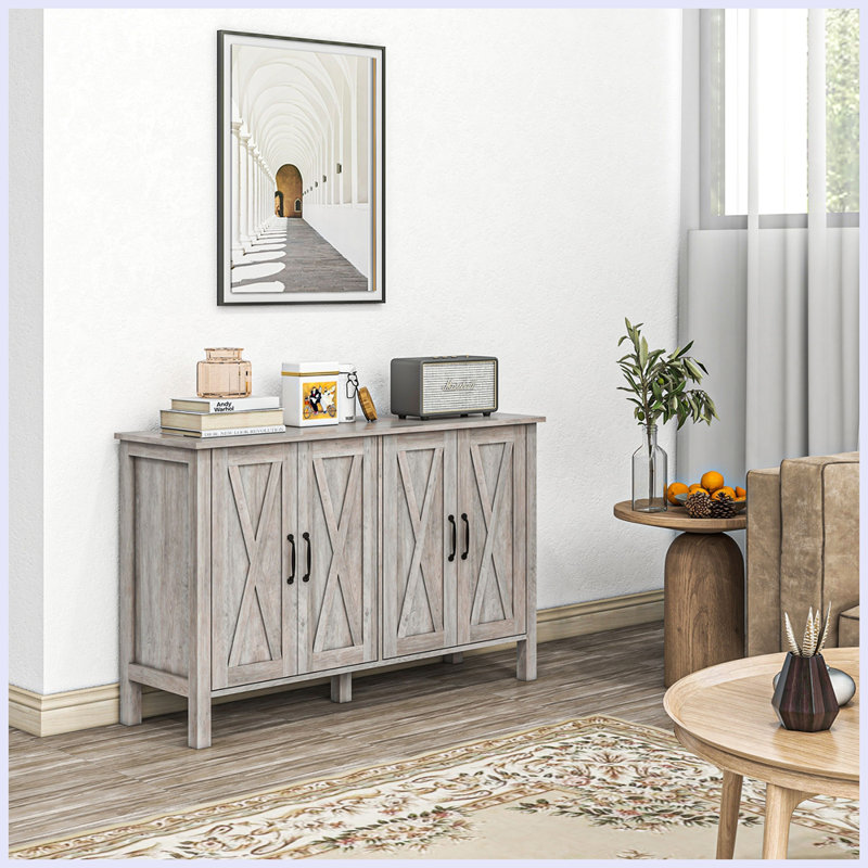 Buffet moderne avec 4 portes de grange et 2 tablettes réglables, Grain de bois gris