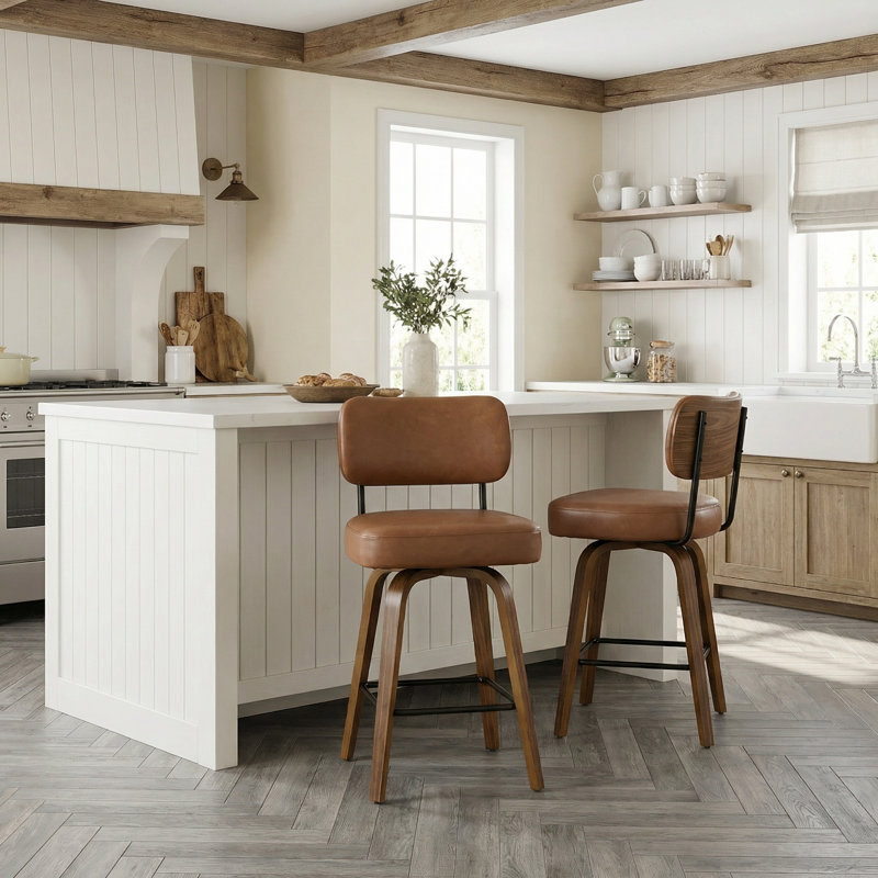Tabouret de comptoir pivotant rembourré avec structure en bois, Brun, 2