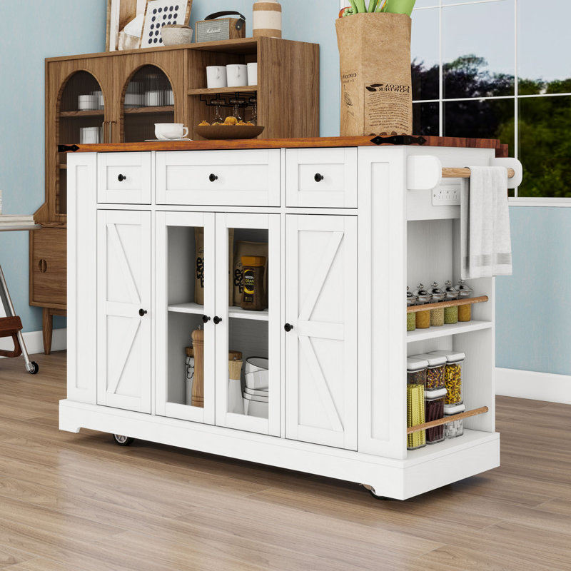 Chariot pour îlot de cuisine Farmhouse avec abattant, prises de courant, rangement spacieux et portes en verre trempé, Blanc