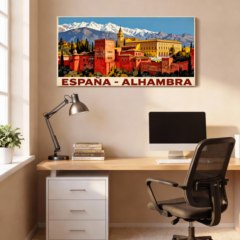 Ensemble de 1 tableau sur toile représentant le paysage du château de l'Alhambra en Espagne, H 20 po x l 40 po
