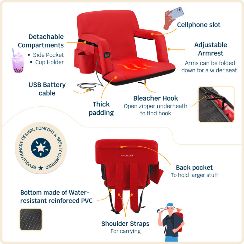 Alpcour Red Heated Reclining Waterproof Stadium Seat