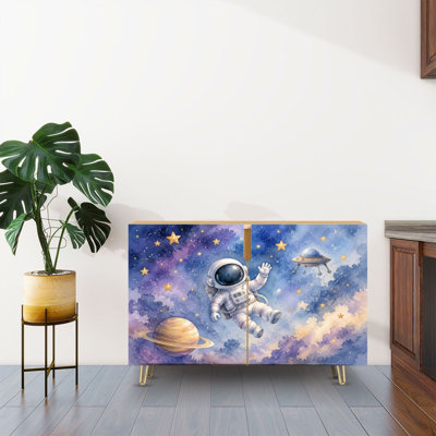 Sideboard Buffet Cabinet with Storage Watercolor Astronaut Floating Space Stars UFO with 2 Doors for Living Room and Kitchen
