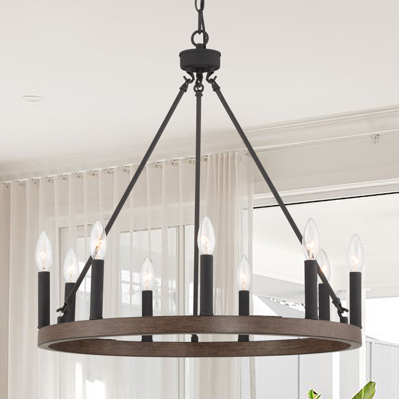 Adriana 9-Light Dimmable Wagon Wheel Chandelier with Sloped Ceiling Adapter, Weathered Walnut, 24" H x 24" W x 24" D