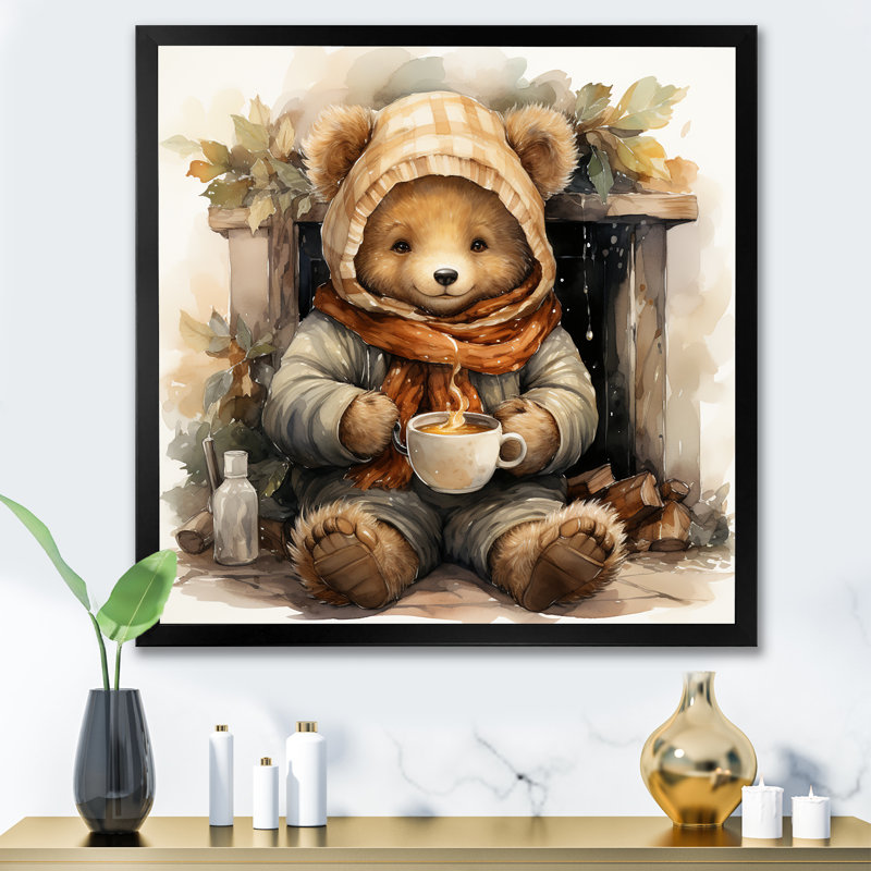 Cozy Teddy Bear chocolat en hiver II - art mural de l'ours en peluche, Cadre simple noir, H 16 po x l 16 po x P 1 po