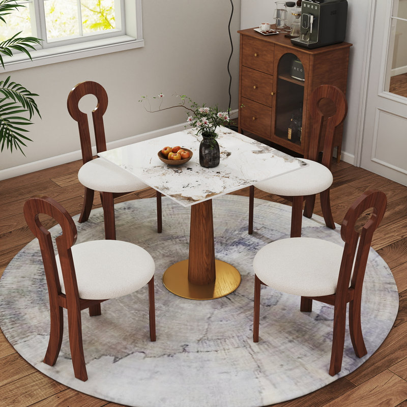 Ensemble 5 pièces de table de salle à manger carrée moderne en verre avec 4 chaises en tissu Boucle, Beige